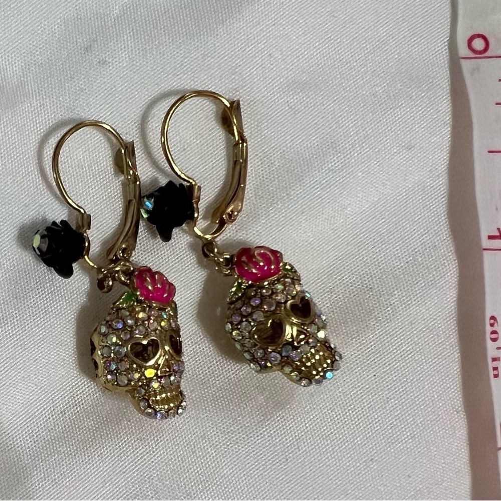 Betsey Johnson Gold and Pink Skull Earrings